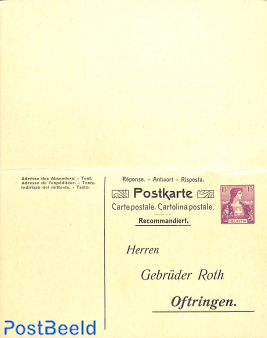 Private reply paid postcard 10/15c, Gebr. Roth Oftringen