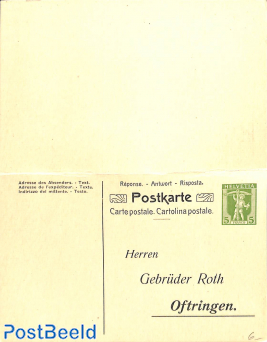 Private reply paid postcard 10/5c, Gebr. Roth Oftringen
