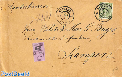 Registered envelope from Sittard to Kampen, see both postmarks.  Princess Wilhelmina (hangend haar) 20 cent. 