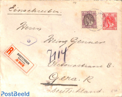 Envelope 5c, uprated to Registered mail from Amsterdam to Gera (D)