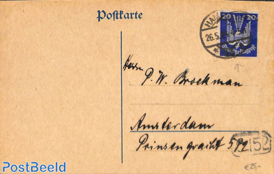Postcard to Amsterdam with 20pf Airmail stamp