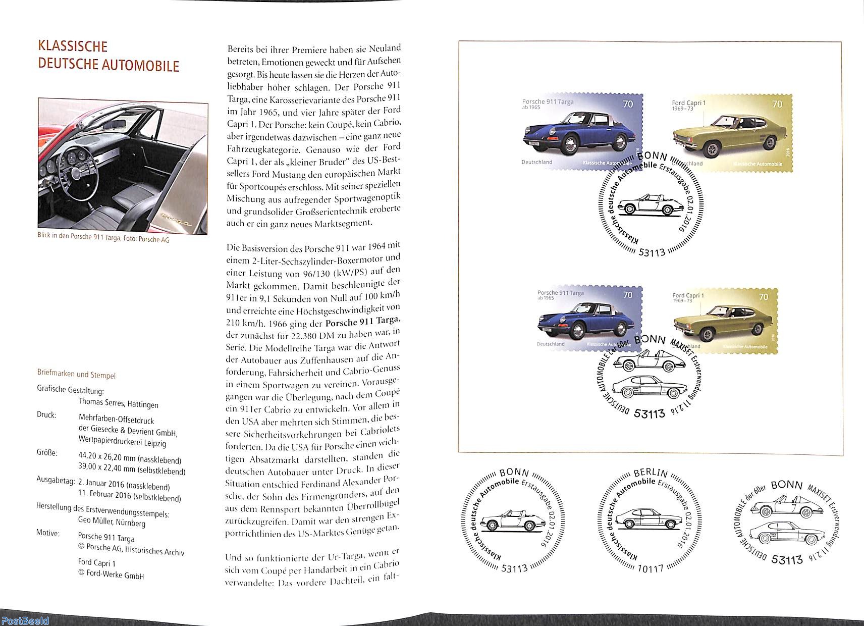 Stamp 2016, Germany, Federal Republic Classic Cars, Porsche 911 & Ford Capri  2v, 2016 - Collecting Stamps - PostBeeld - Online Stamp Shop - Collecting