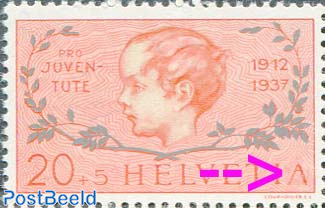 Stamp 1937 Switzerland 20 5c Plate flaw Damaged A of HELVETIA